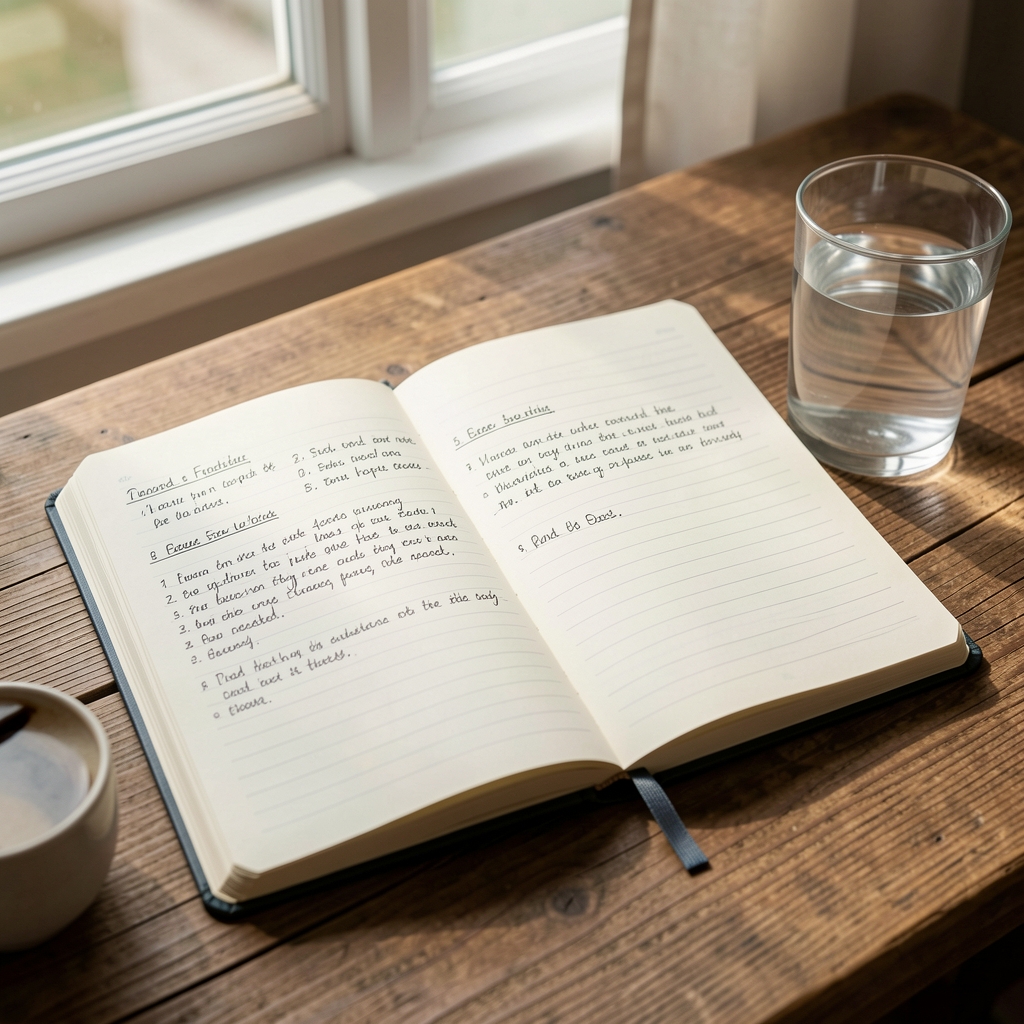 Notebook open on a wooden surface with handwritten food journal entries and a glass of water beside it, daylight through window